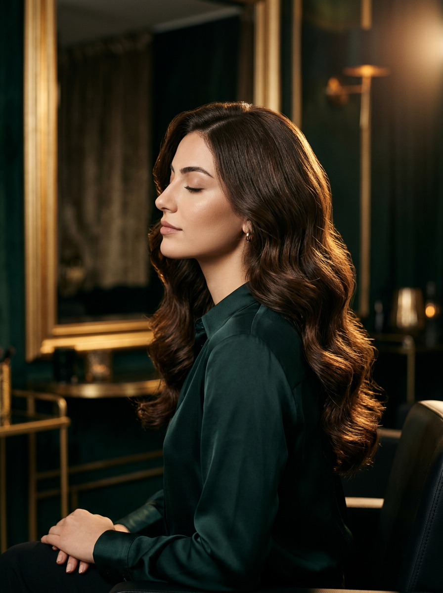 Parlak dalgalı saçlı kadın, lüks salon